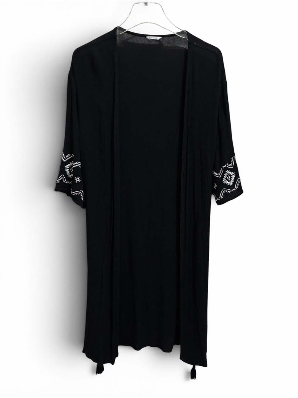 Black Embroidered Kimono Cardigan Women M Boho Festival Duster Rayon Tassel Open - Picture 2 of 10